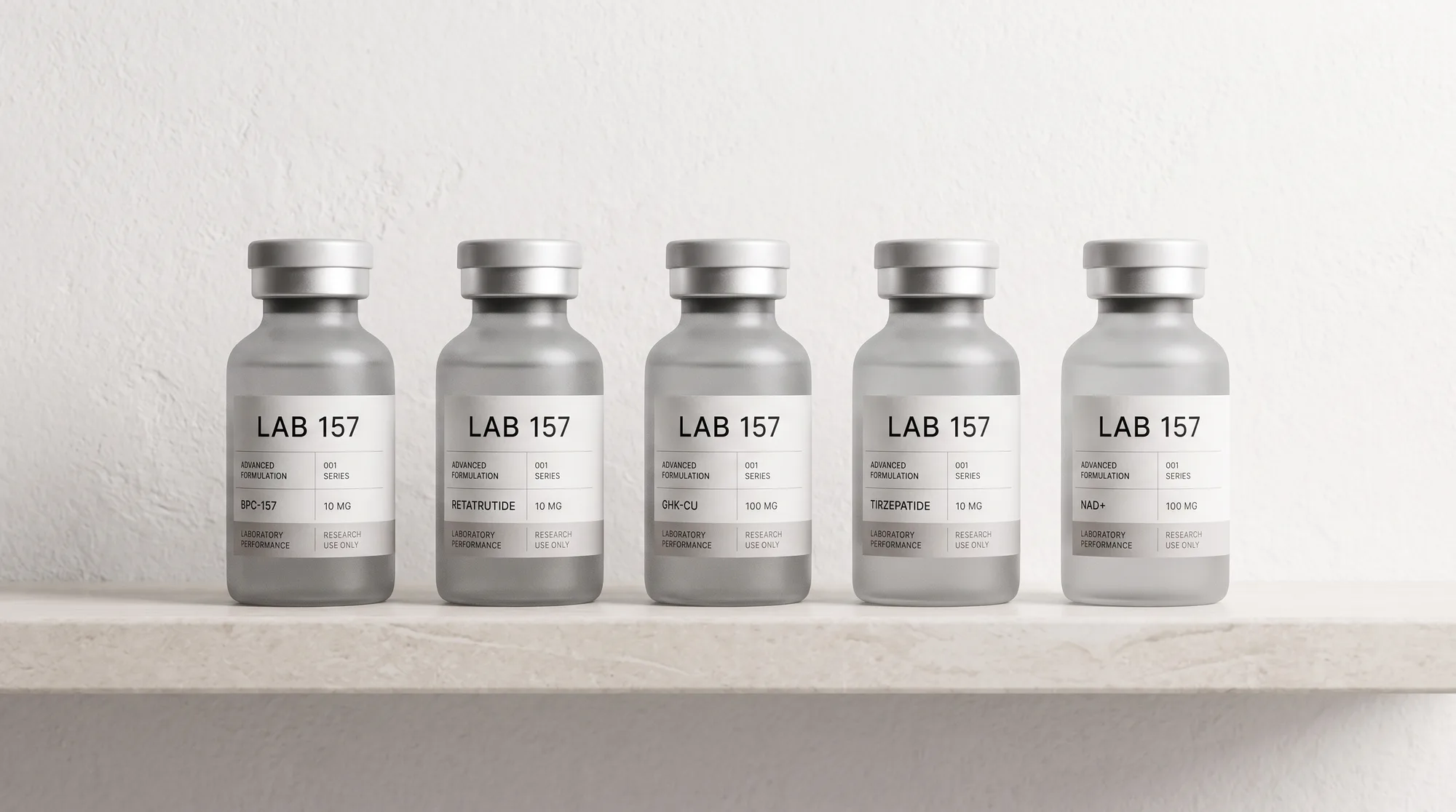 LAB—157 numbered formulations on a stone shelf